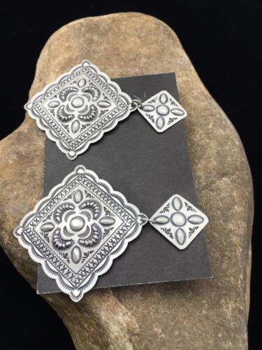 Authentic Native American Navajo Sterling Silver Stamped Earrings | 2.75" | SET01708 - Masha USA