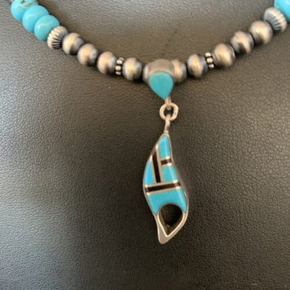 Navajo Blue Turquoise Onyx Inlay Pendant Necklace | Sterling Silver | Authentic Native American Handmade | 13846