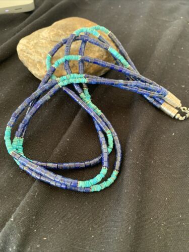 Navajo Lapis & Turquoise 3 Strand Necklace | Sterling Silver | 21" | Authentic Native American Handmade | 1011