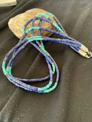 Navajo Lapis & Turquoise 3 Strand Necklace | Sterling Silver | 21" | Authentic Native American Handmade | 01011
