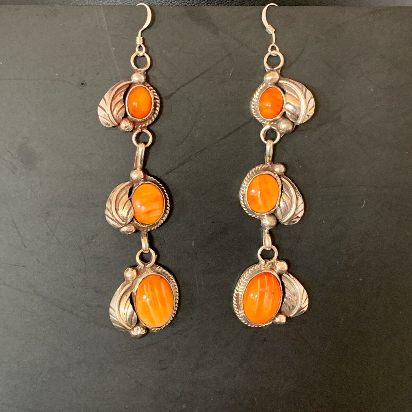 Stunning Handmade Navajo Orange Spiny Oyster Dangle Earrings | Sterling Silver | Authentic Native American | 1226