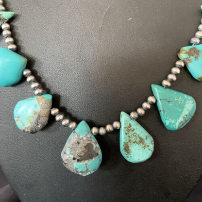 Southwestern Navajo Pearls Necklace | Sterling Silver Blue Turquoise Teardrop | 13149