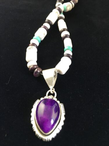 Navajo Purple Sugilite Turquoise Bead Necklace | Sterling Silver | 22" | Authentic Native American Handmade | 10029