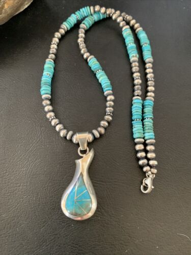 Navajo Pearl Necklace with Blue Turquoise Pottery Pendant | Sterling Silver | Authentic Native American Handmade | 12502