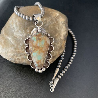 Men's Navajo Green Boulder Turquoise Pendant Necklace | Sterling Silver | Authentic Native American Handmade | 13661