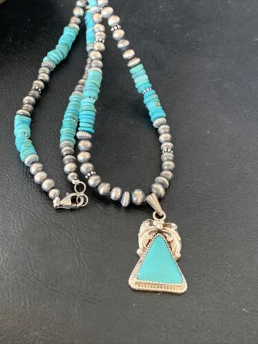 Navajo Pearls Sterling Silver Necklace with Blue Kingman Turquoise Pendant | Authentic Native American Handmade | 12496