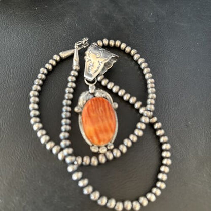 Navajo Pearls Red Spiny Oyster Necklace Pendant | Sterling Silver | Authentic Native American Handmade | 14724 - Masha USA