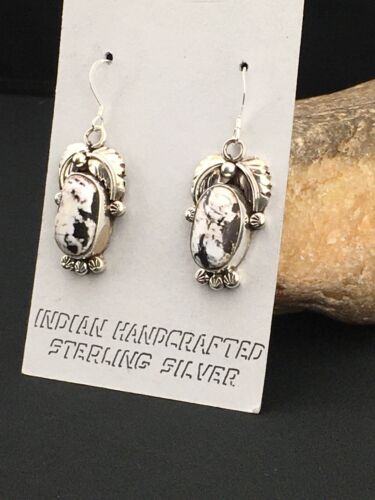 Navajo White Buffalo Turquoise Dangle Earrings | Sterling Silver | 1.25" | Authentic Native American Handmade | 1325