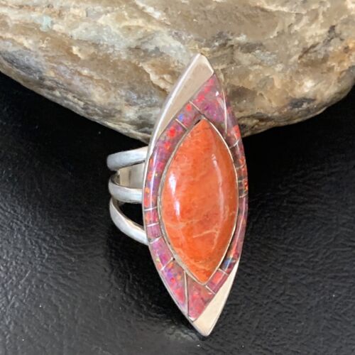 Navajo Red Spiny Oyster Opal Inlay Ring | Sterling Silver | Sz 10 | Authentic Native American Handmade | 12843