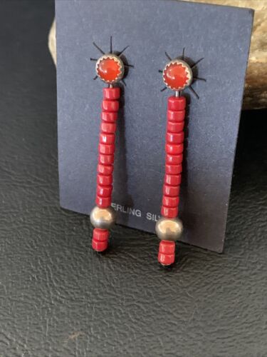 Navajo Pearl Heishi Dangle Earrings | Sterling Silver Red Coral Tube | 1.5" | 13051