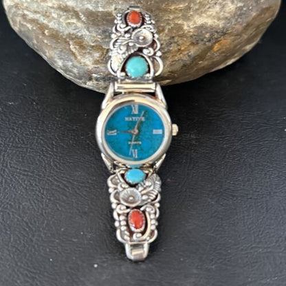 Navajo Blue Turquoise & Coral Watch Tips | Sterling Silver | Authentic Native American Jewelry | 14325