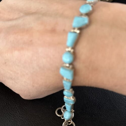 Southwestern Old Pawn Blue Turquoise Link Bracelet | 8" | Sterling Silver | 14260