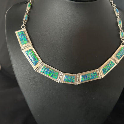 Native American Women's Blue Opal Navajo Necklace | Sterling Silver Inlay Pendant | 14649