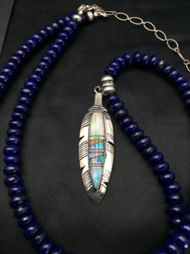 Navajo Opal Feather Multi-Color Lapis Pendant Necklace & Earring Set | Sterling Silver | Authentic Native American Handmade | 2771