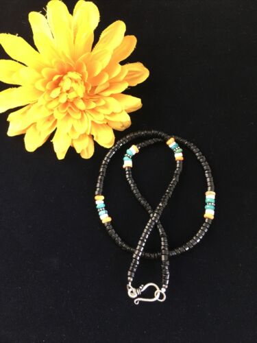 Navajo Black Onyx Turquoise Necklace | Sterling Silver | 18" | Authentic Native American Handmade | 10001