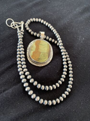 Navajo Green Gaspeite Pendant Necklace | Sterling Silver | Authentic Native American Handmade | 388