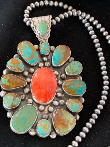 Navajo Royston Turquoise Spiny Oyster Multi-Stone Cluster Necklace | Authentic Native American Sterling Silver XL Pendant | 3237