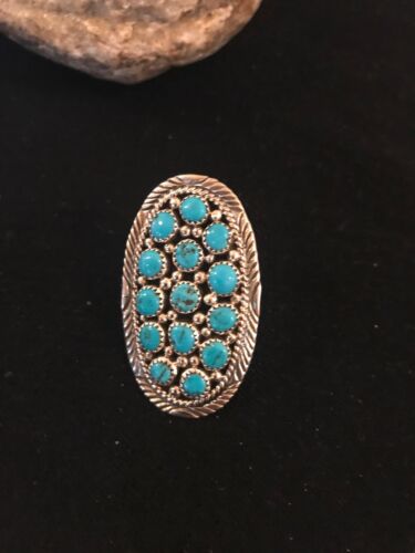 Navajo Kingman Turquoise Cluster Ring | Authentic Native American Sterling Silver | Multi-Stone | Sz 7.5 | 8392