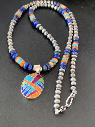 Navajo Multi-Color Spiny Turquoise Inlay Pendant | Sterling Silver | Authentic Native American Handmade | 10658