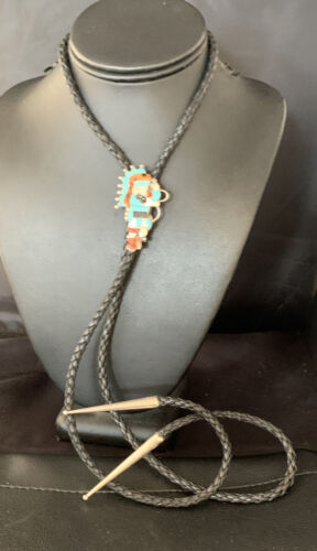 Men's Bolo Tie | Zuni Kachina | Blue Kingman Turquoise & Coral | Sterling Silver | 13672