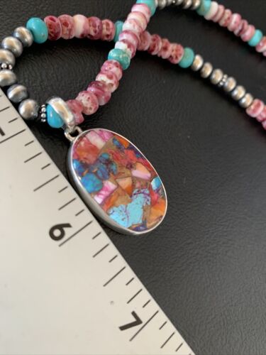 Navajo Pearl Sterling Silver Necklace with Turquoise and Purple Spiny Oyster Pendant | 13278