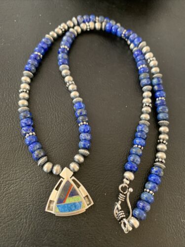 Authentic Native American Sterling Silver Navajo Pearls Necklace with Lapis Inlay Pendant | 01926
