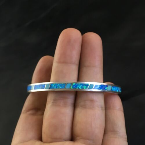 Navajo Blue Opal Inlay Bracelet | Sterling Silver | 8"  Bangle | Authentic Native American Handmade | 10195