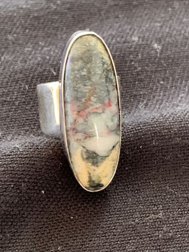 Southwestern Navajo Cinnabrite Ring | White Black | Sterling Silver | Sz 7.5 | 01559