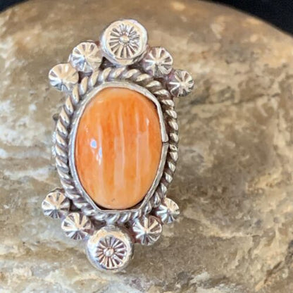 Navajo Orange Spiny Oyster Ring | Sterling Silver | Sz 7 | Authentic Native American Handmade | 13355