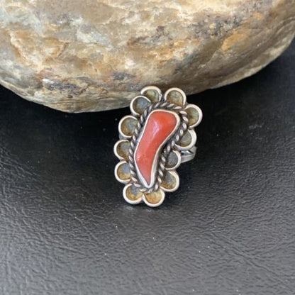 Native American Old Pawn Navajo Red Coral Ring | Sterling Silver | Sz 6 | 10369