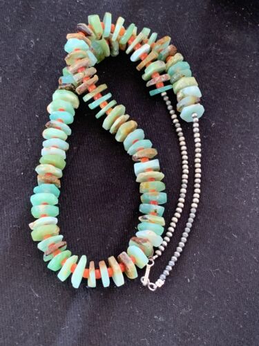 Navajo Green Chrysoprase Spiny Oyster Necklace | Sterling Silver | Authentic Native American Handmade | 24" | 00512