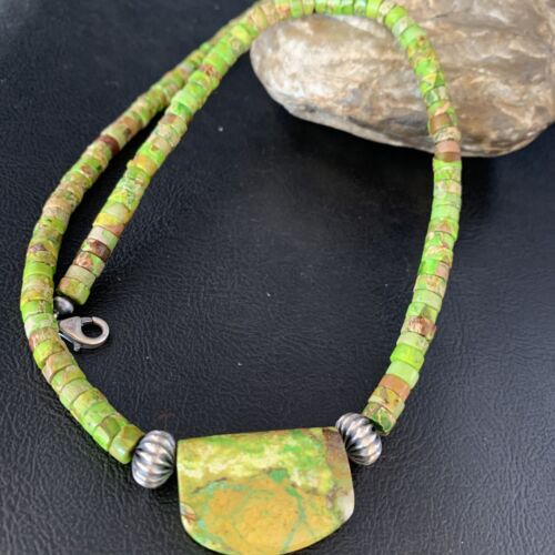 Navajo Green Gaspeite Turquoise Pendant | Sterling Silver | Authentic Native American Handmade | 13942