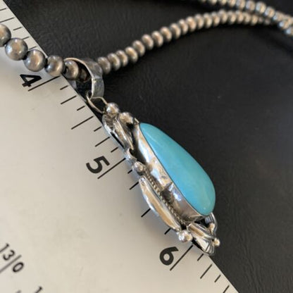 Men's Navajo Pearls Necklace with Blue Kingman Turquoise Pendant | Sterling Silver | Native American Handmade | 12592 - Masha USA