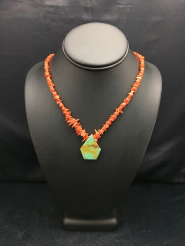 Native American Turquoise Coral Pendant Necklace | Brass Old Pawn | 19" | 4002