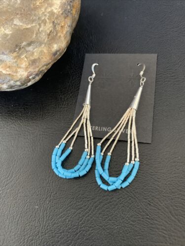 Handmade Liquid Silver Heishi Dangle Earrings | Blue Turquoise | Sterling Silver | 2" | 13049