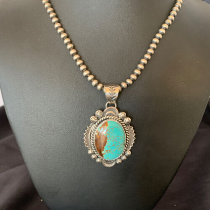 Men's Navajo Pearls Necklace | Sterling Silver | Blue #8 Turquoise Pendant | Authentic Native American Handmade | 10867