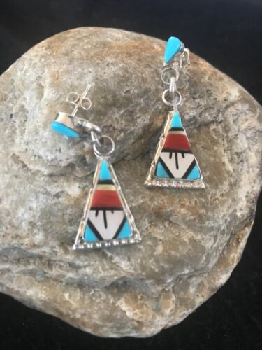 Navajo Sterling Silver Inlay Earrings | Coral Turquoise Onyx Mother of Pearl | Southwestern