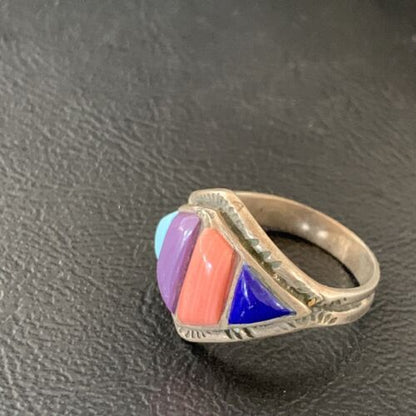 Navajo Multi-Color Turquoise Sugilite Coral Lapis Inlay Ring | Sterling Silver | Sz 9 | 12396