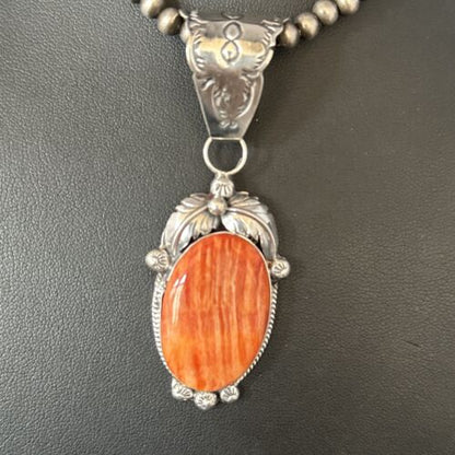 Navajo Pearls Red Spiny Oyster Necklace Pendant | Sterling Silver | Authentic Native American Handmade | 14724 - Masha USA