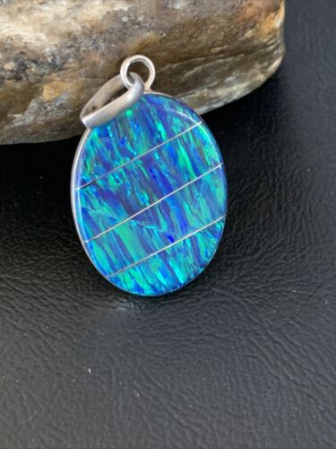 Navajo Blue Opal Inlay Pendant | Sterling Silver | Authentic Native American Handmade | 13137