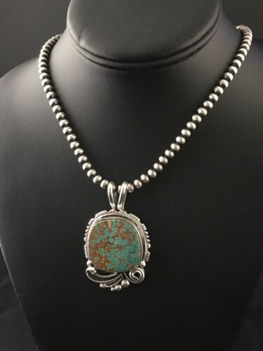 Navajo Blue #8 Turquoise Pendant Necklace Set | Sterling Silver | 2.25" | Authentic Native American Handmade | 10159
