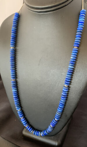 Men's Blue Lapis Bead Necklace | 8mm Liquid Silver Heishi | Sterling Silver | 24" | 12775