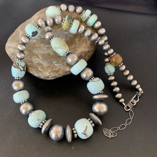 Navajo Pearl Dry Creek Turquoise Beads Necklace | Sterling Silver | 21" | Authentic Native American Handmade | 10978