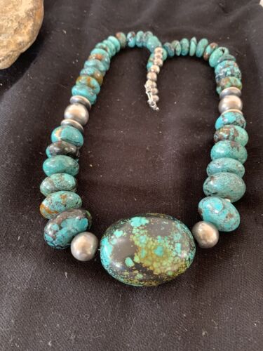 Navajo Pearl Graduated Sterling Silver Natural Blue Turquoise Necklace | Authentic Native American | 22" | 00706