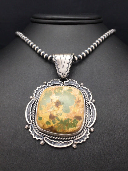 Navajo Royston Turquoise Pendant Necklace | Sterling Silver | Authentic Native American Handmade | 4215