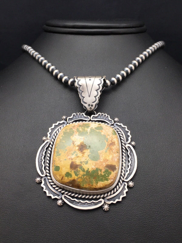 Navajo Royston Turquoise Pendant Necklace | Sterling Silver | Authentic Native American Handmade | 4215