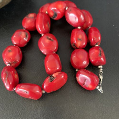 Native American Navajo Red Coral Bead Necklace | Sterling Silver | 18" | 13407