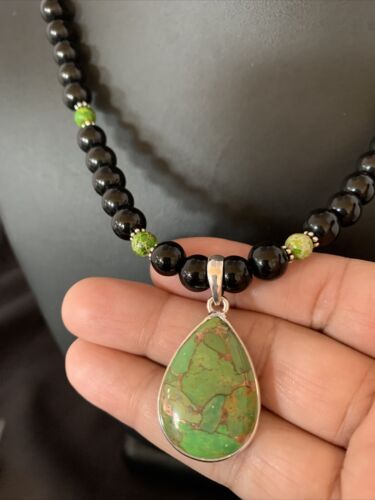 Navajo Pearls Onyx Mojave Turquoise Pendant Necklace | Sterling Silver | Authentic Native American Handmade | 13251