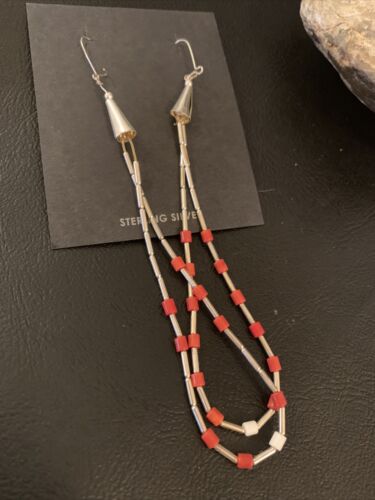 XL Coral Heishi Beads Earrings | Sterling Silver Navajo Pearls | 4" | Authentic Native American Handmade | 13033