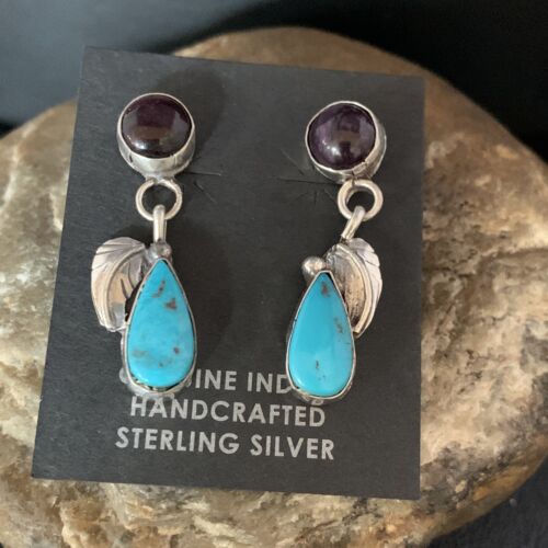 Navajo Purple Sugilite and Blue Turquoise Dangle Leaf Earrings | Sterling Silver | Native American Handmade | 13454